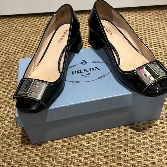 Prada | Shoes | Prada Vernice Black Patent Block Heel Pump